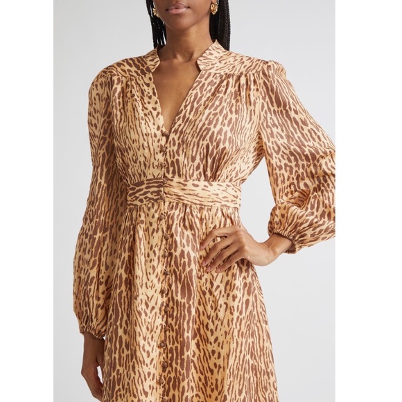 Zimmermann Cascadian Leopard Print Long Sleeve Linen Midi Dress US size 6 - Picture 2 of 13